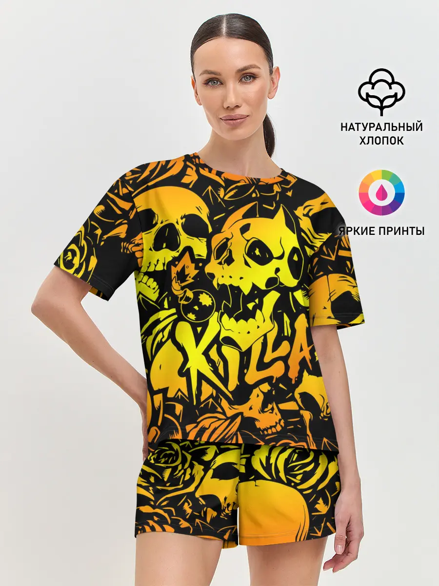 Женская пижама с шортами / KILLA оранжевые черепа