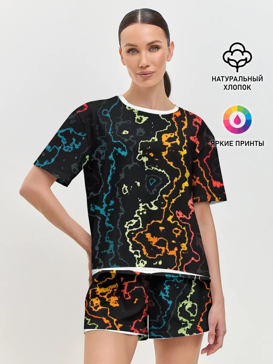 Женская пижама с шортами / линий,цветной,черный