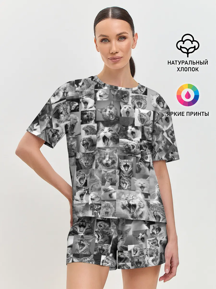 Женская пижама с шортами / Неко ахегао чб