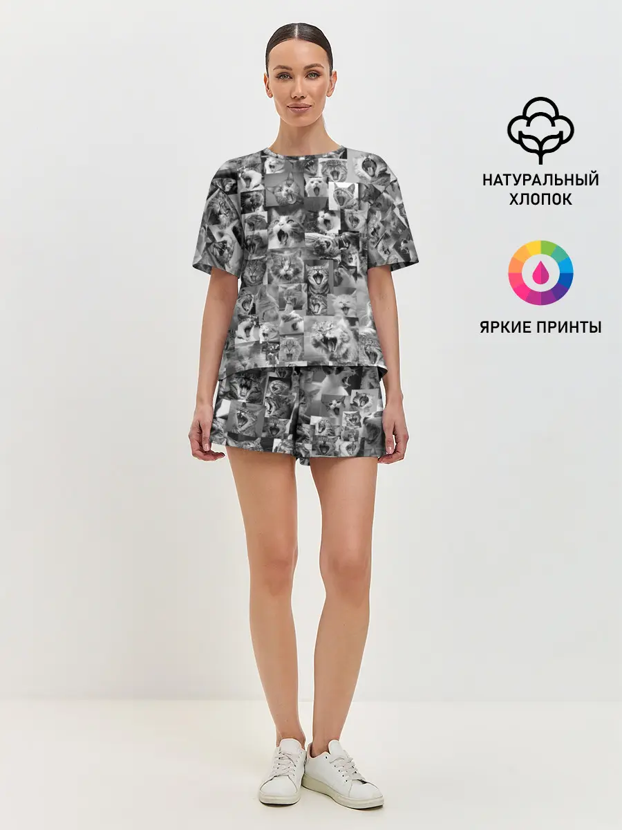 Женская пижама с шортами / Неко ахегао чб