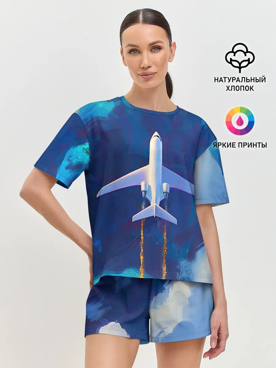 Женская пижама с шортами / Самолёт на небе