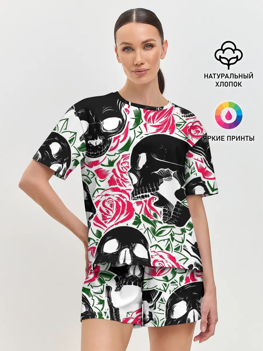 Женская пижама с шортами / Череп, розы, цветы, зубы