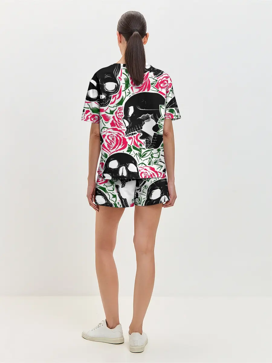 Женская пижама с шортами / Череп, розы, цветы, зубы
