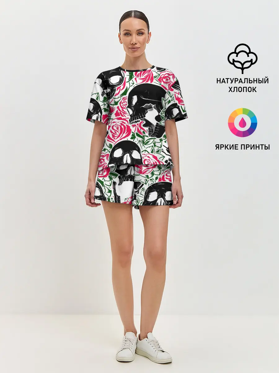 Женская пижама с шортами / Череп, розы, цветы, зубы