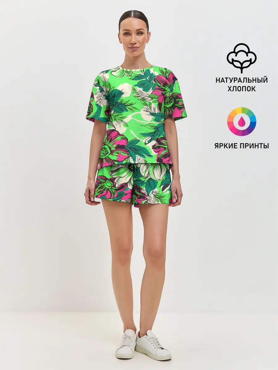 Женская пижама с шортами / Цветы в неоне
