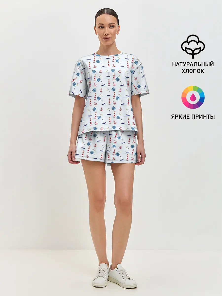 Женская пижама с шортами / Кораблики да маяки