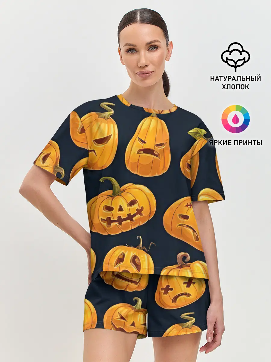 Женская пижама с шортами / Праздничные тыквы