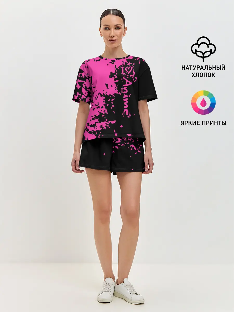 Женская пижама с шортами / Love anime розовые кляксы на черном