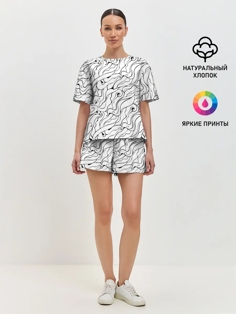 Женская пижама с шортами / Черно-белые узоры