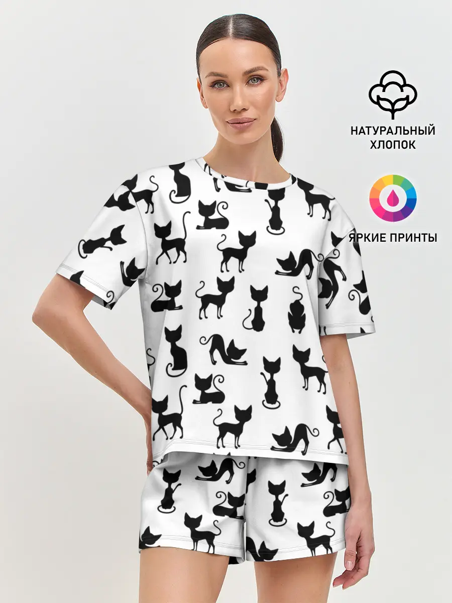 Женская пижама с шортами / КОШКИ БЕЛОЕ НА ЧЕРНОМ