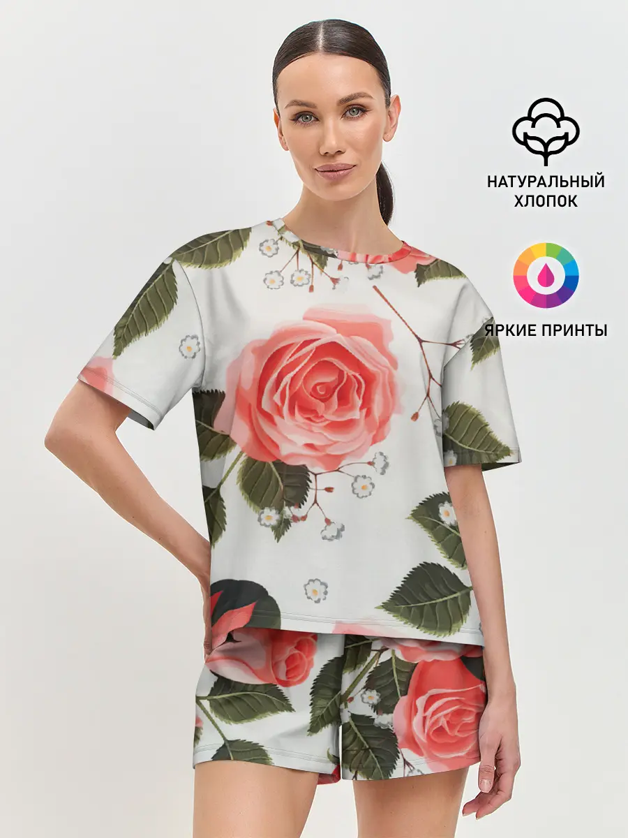 Женская пижама с шортами / Нежные розы