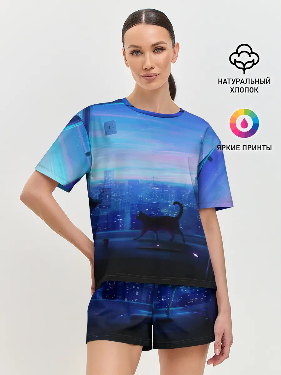 Женская пижама с шортами / Кошка арт окно