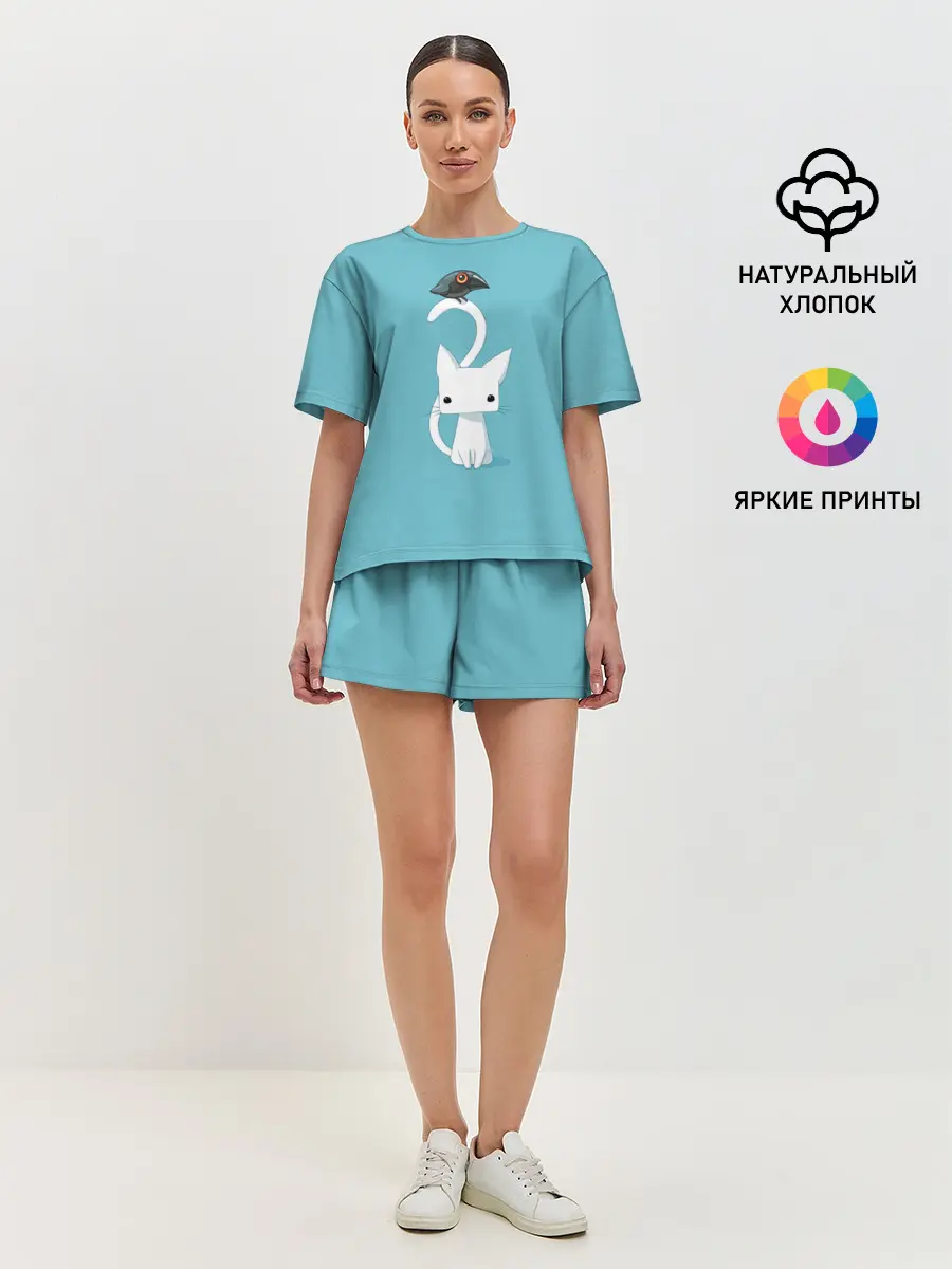Женская пижама с шортами / Белый котик и воробушек
