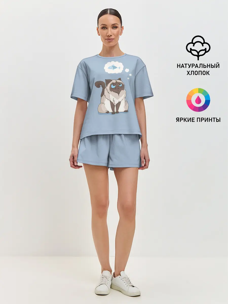 Женская пижама с шортами / Голодный котейка