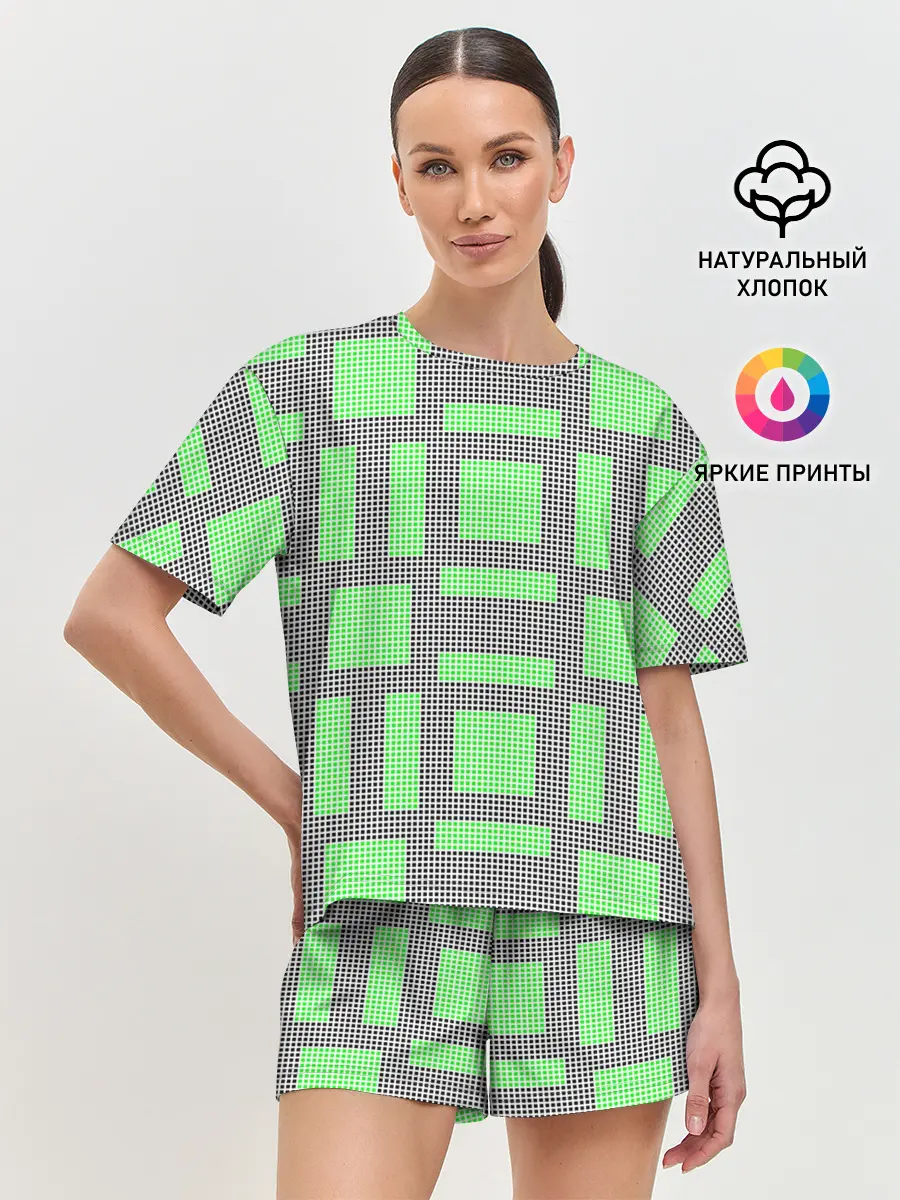 Женская пижама с шортами / Пиксели зеленые