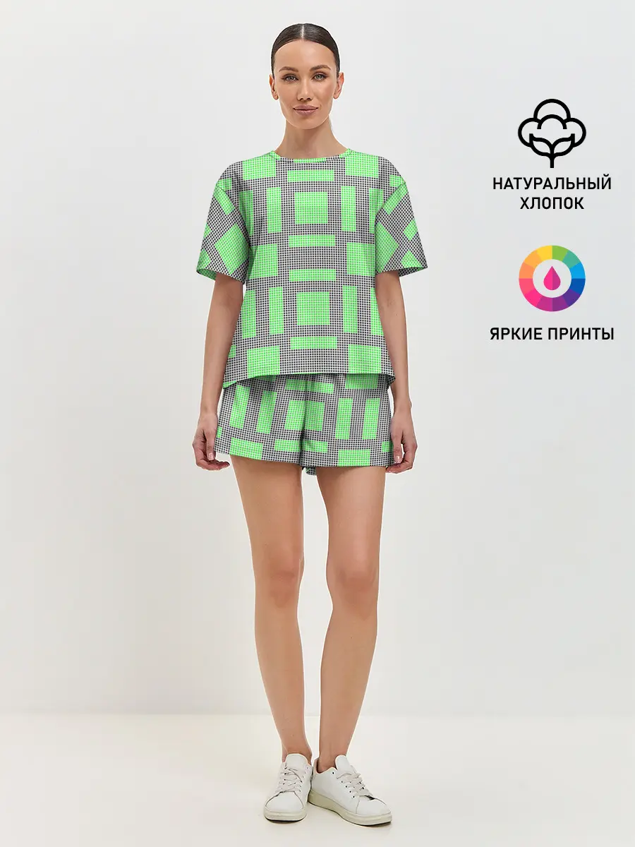 Женская пижама с шортами / Пиксели зеленые
