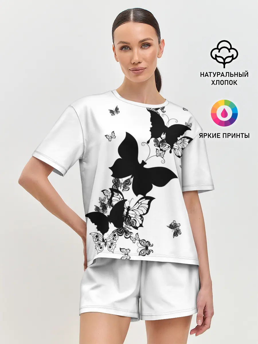 Женская пижама с шортами / Черные бабочки на белом
