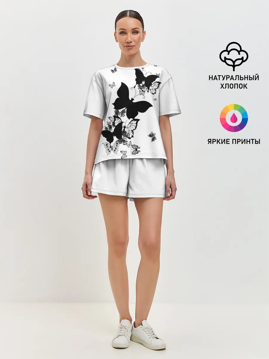 Женская пижама с шортами / Черные бабочки на белом