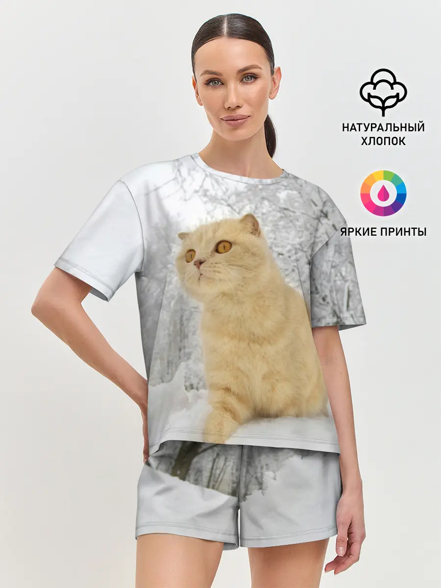 Женская пижама с шортами / Кот и снег