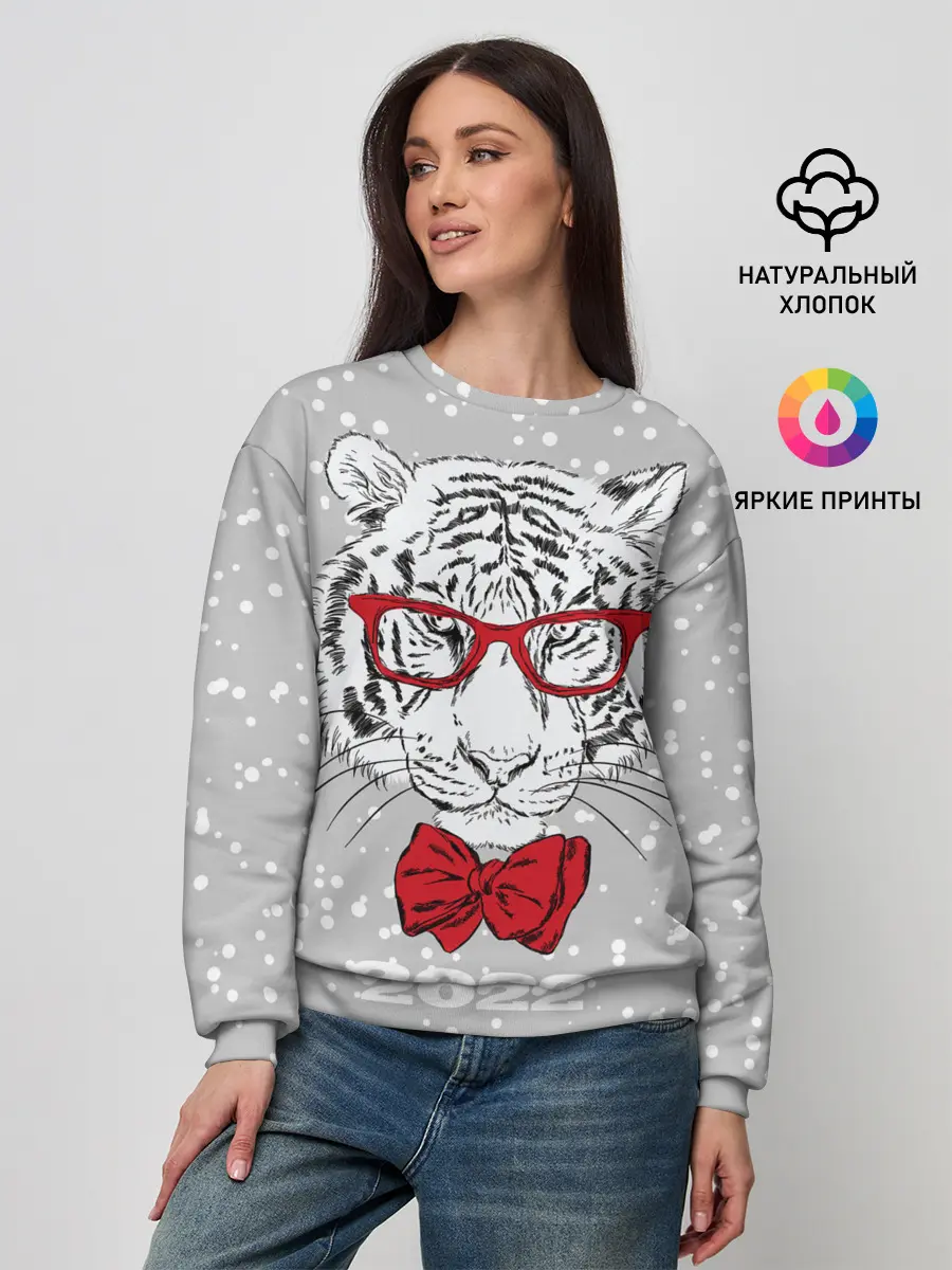 Женский свитшот / Белый тигр с красным бантом