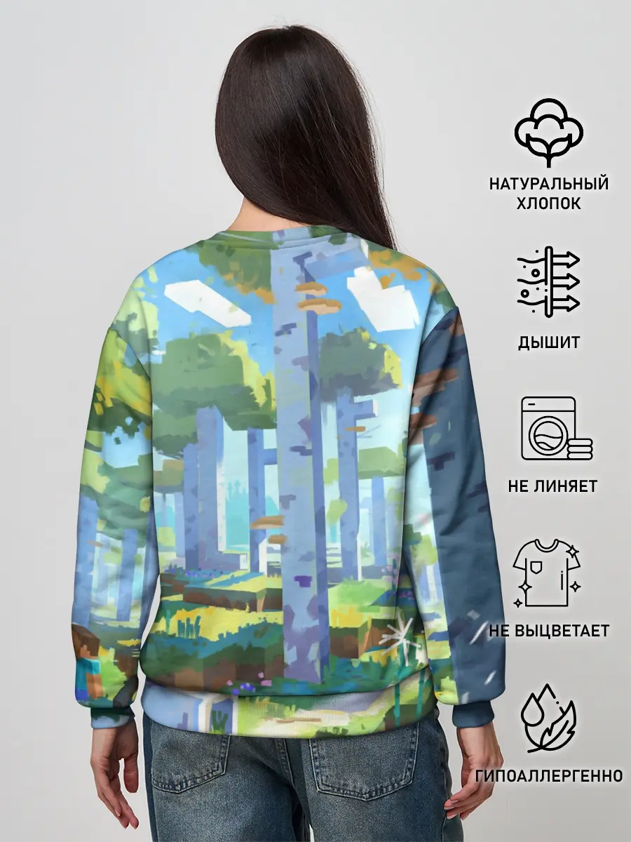 Женский свитшот / Майнкрафт на коне в березовом лесу