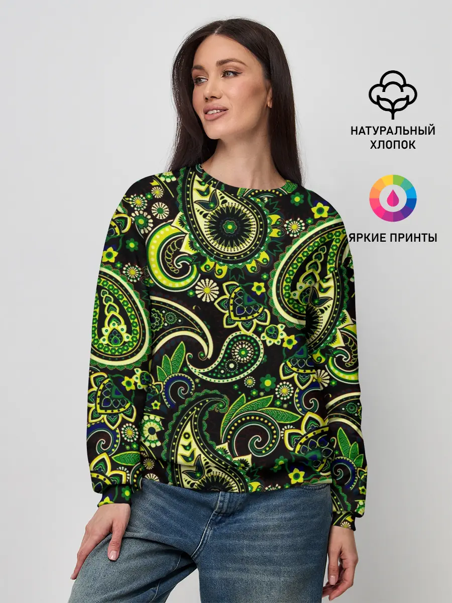Женский свитшот / Ярко зеленые славянские узоры