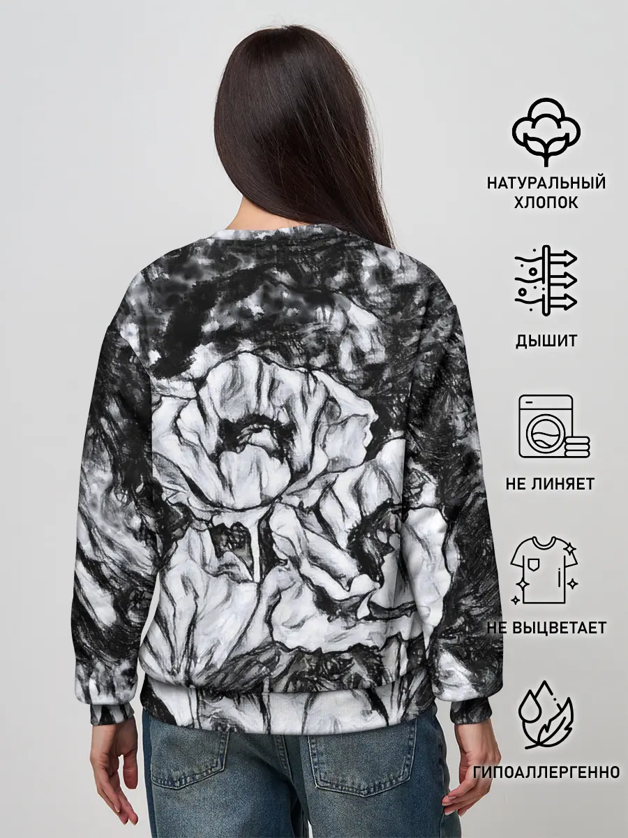 Женский свитшот / Черно-белый узор. Маки.