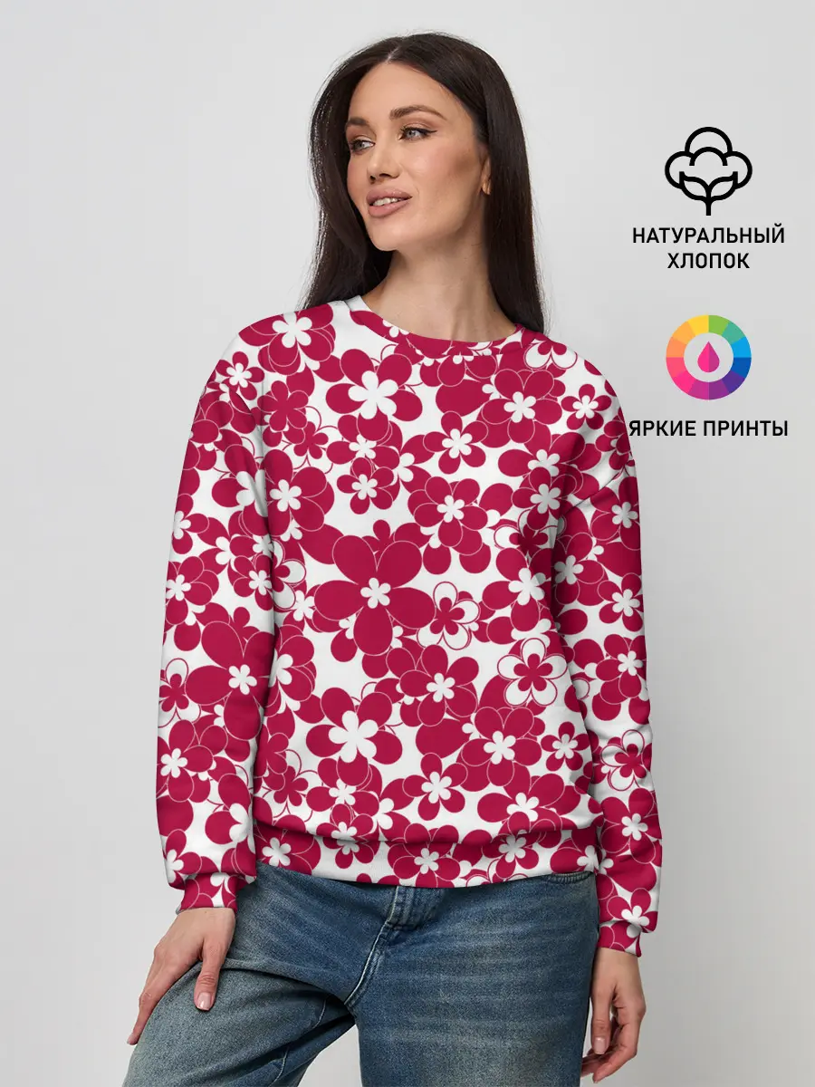 Женский свитшот / Бело-красный цветочный