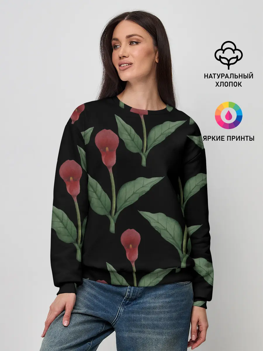 Женский свитшот / Красные каллы на черном