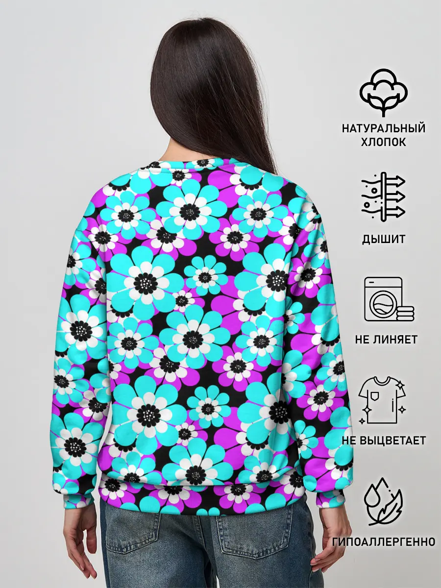 Женский свитшот / Яркие бирюзовые цветы