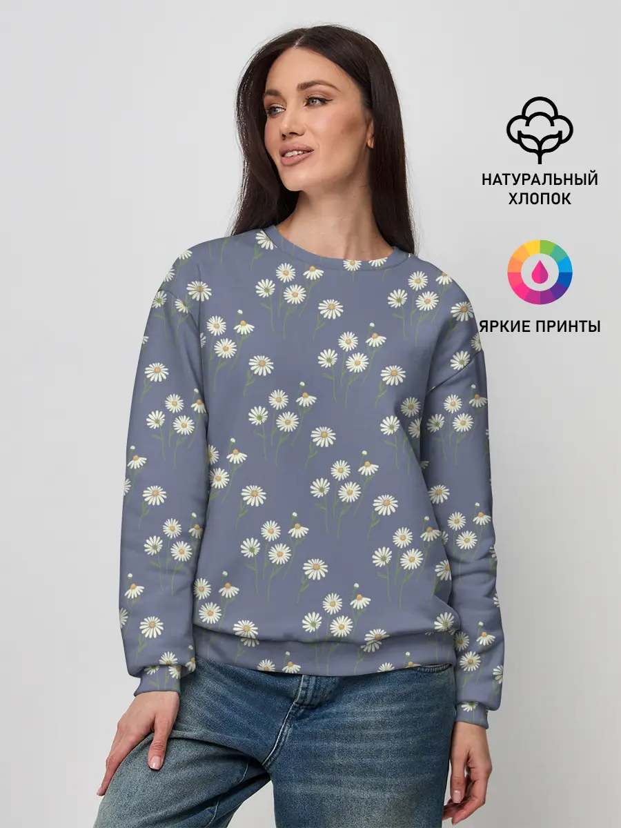 Женский свитшот / Ромашки на сером паттерн