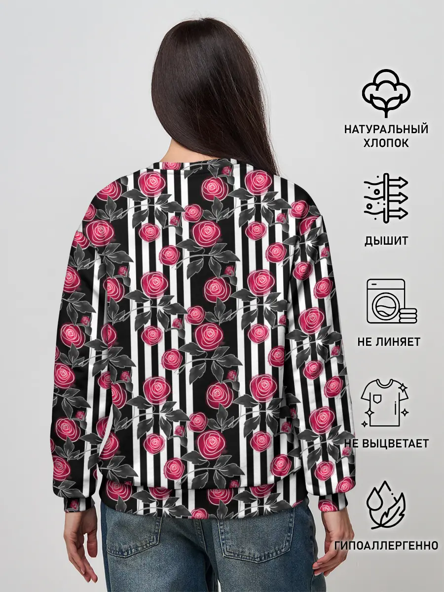 Женский свитшот / акварельные розы на полосатом