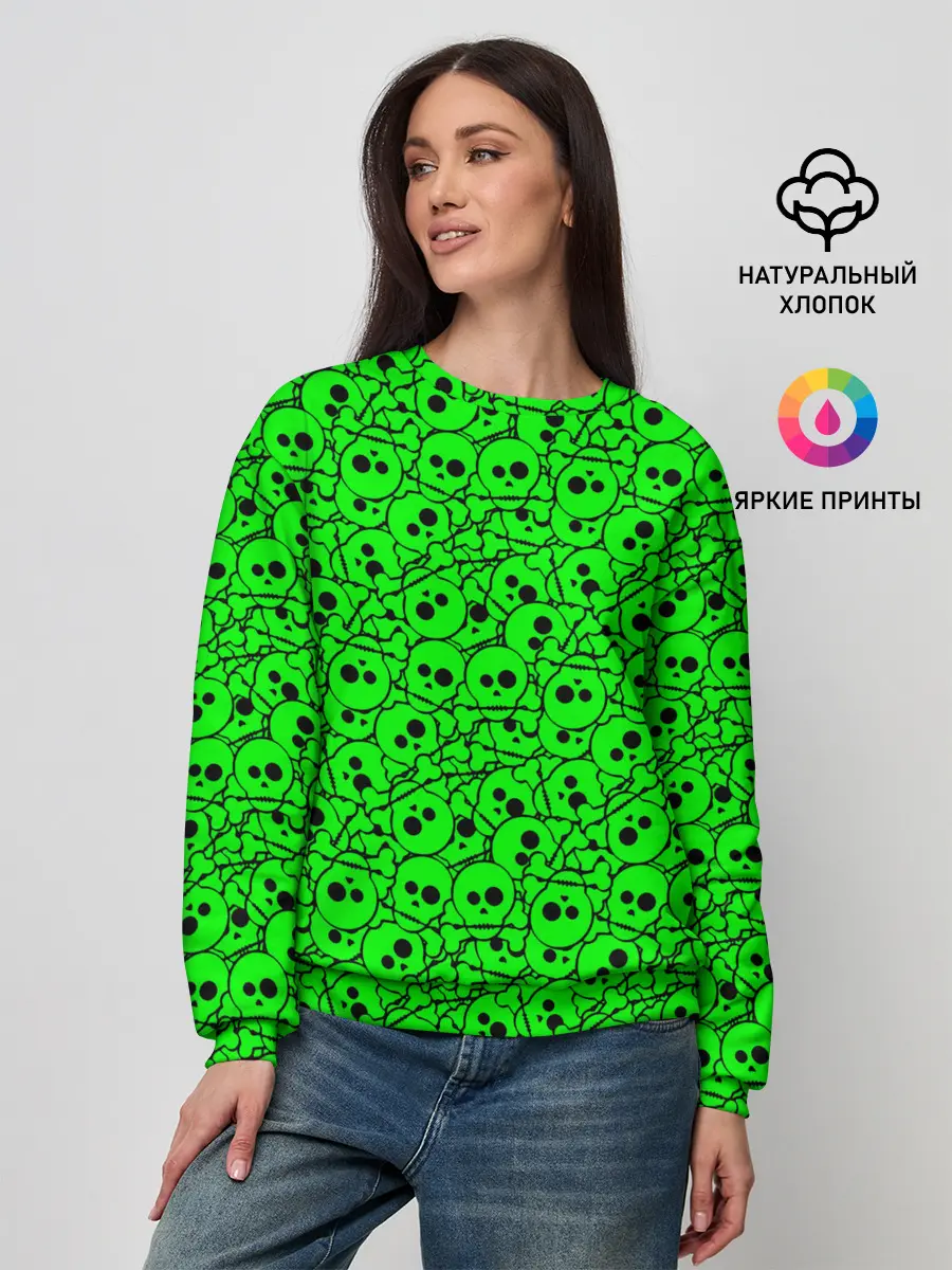 Женский свитшот / Черепа на кислотно-зеленом фоне