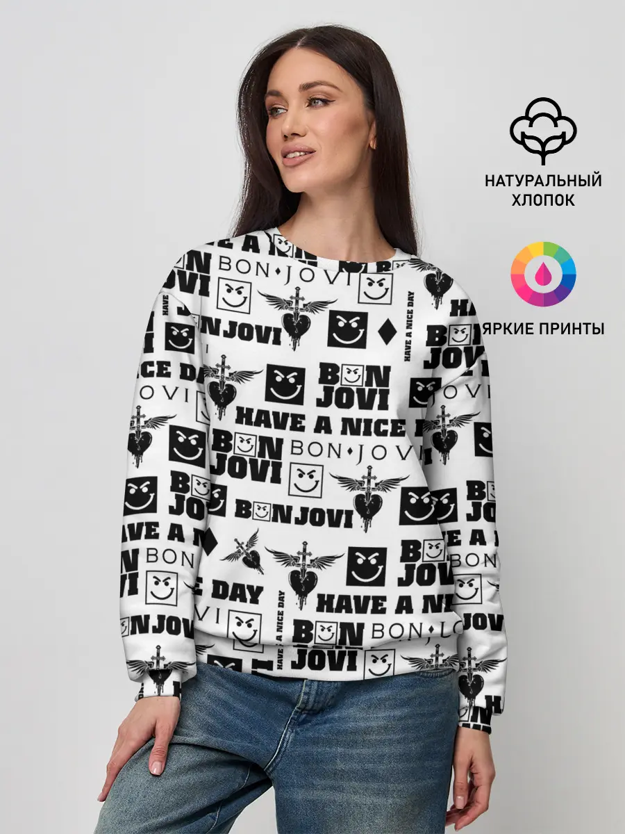Женский свитшот / BON JOVI ЛОГОБОМБИНГ | БОН ДЖОВИ ПАТТЕРН