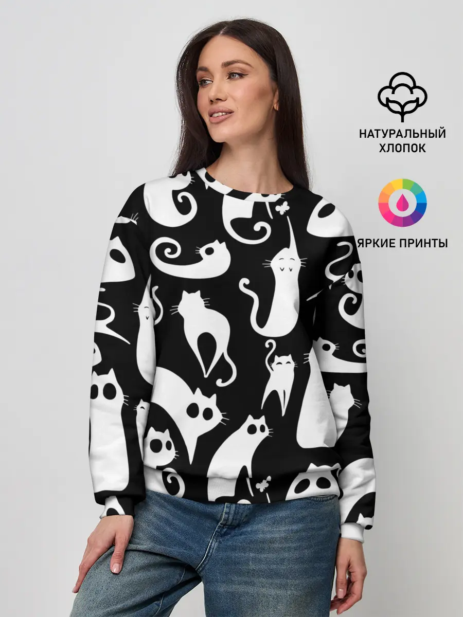 Женский свитшот / Белые коты на черном фоне