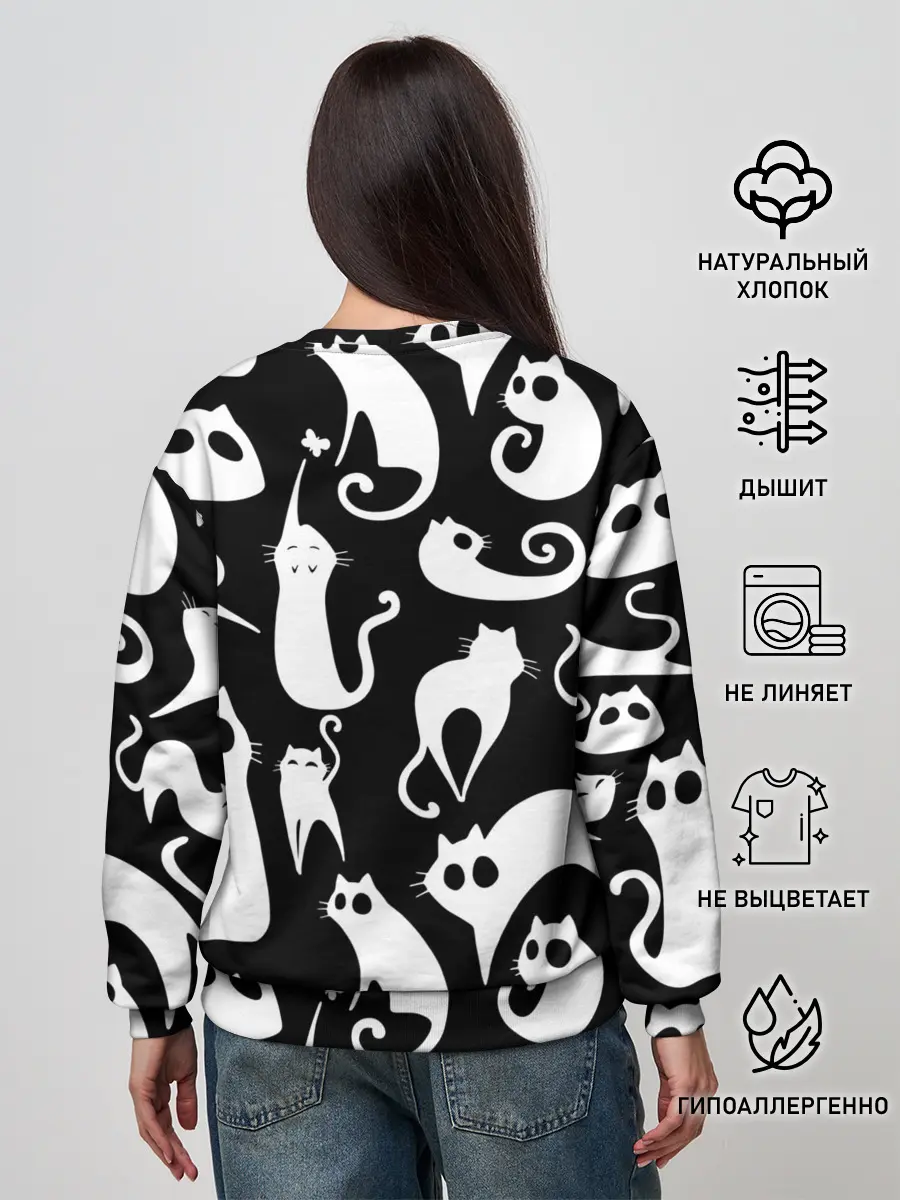 Женский свитшот / Белые коты на черном фоне