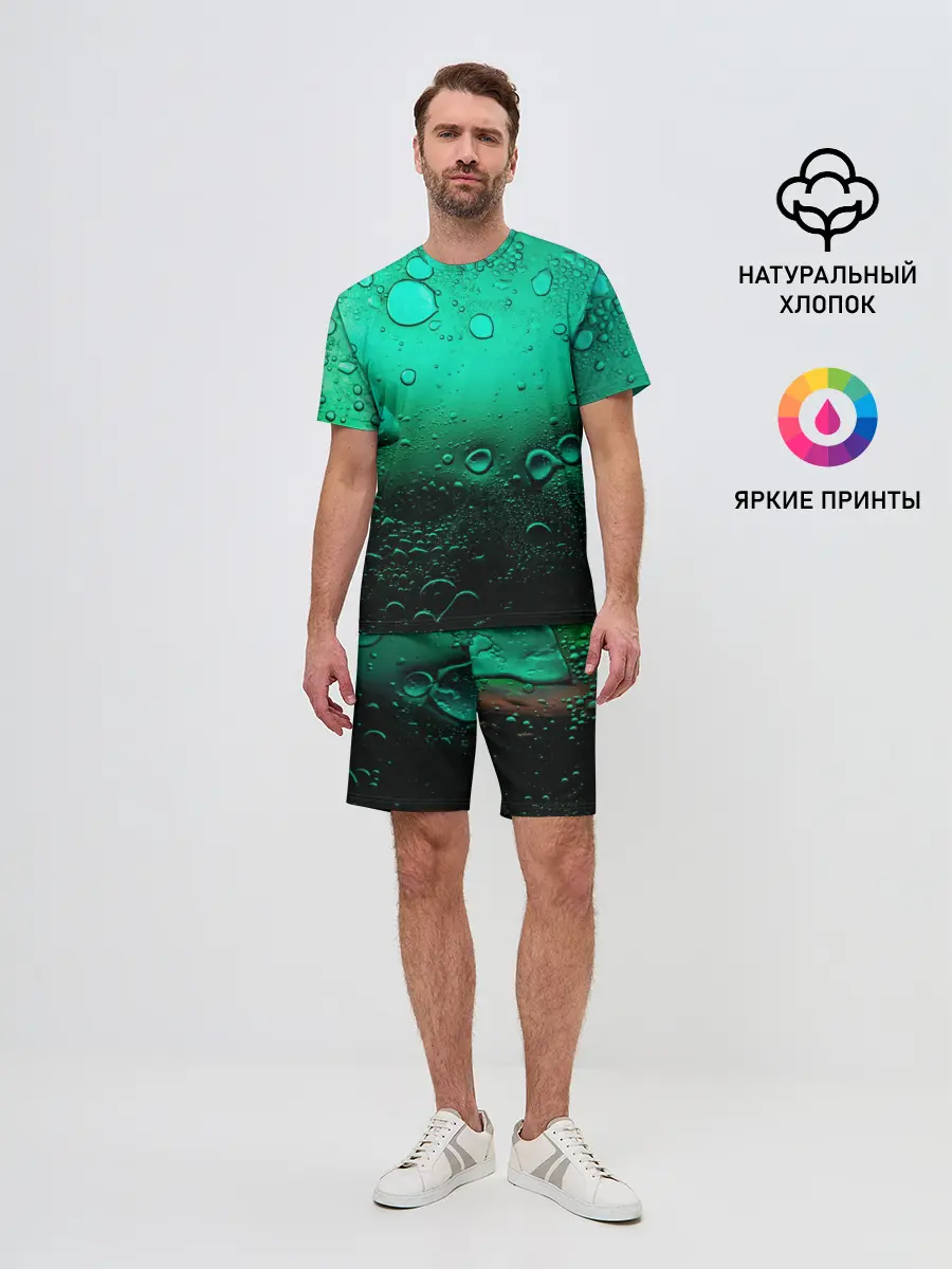 Мужской костюм с шортами / Зеленые капли клетки
