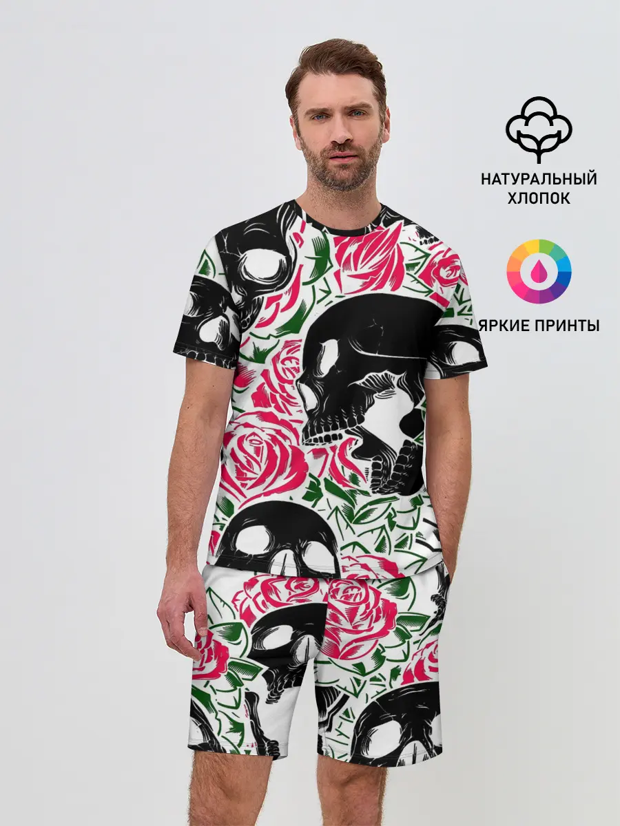 Мужской костюм с шортами / Череп, розы, цветы, зубы