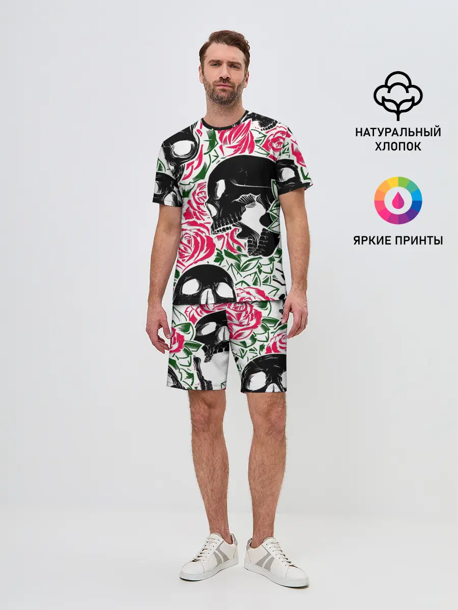 Мужской костюм с шортами / Череп, розы, цветы, зубы