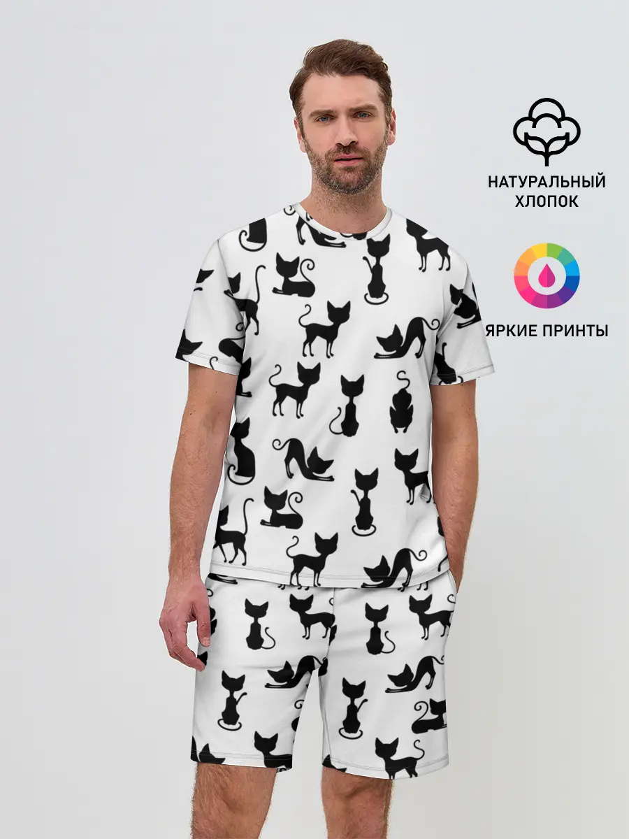 Мужской костюм с шортами / КОШКИ БЕЛОЕ НА ЧЕРНОМ