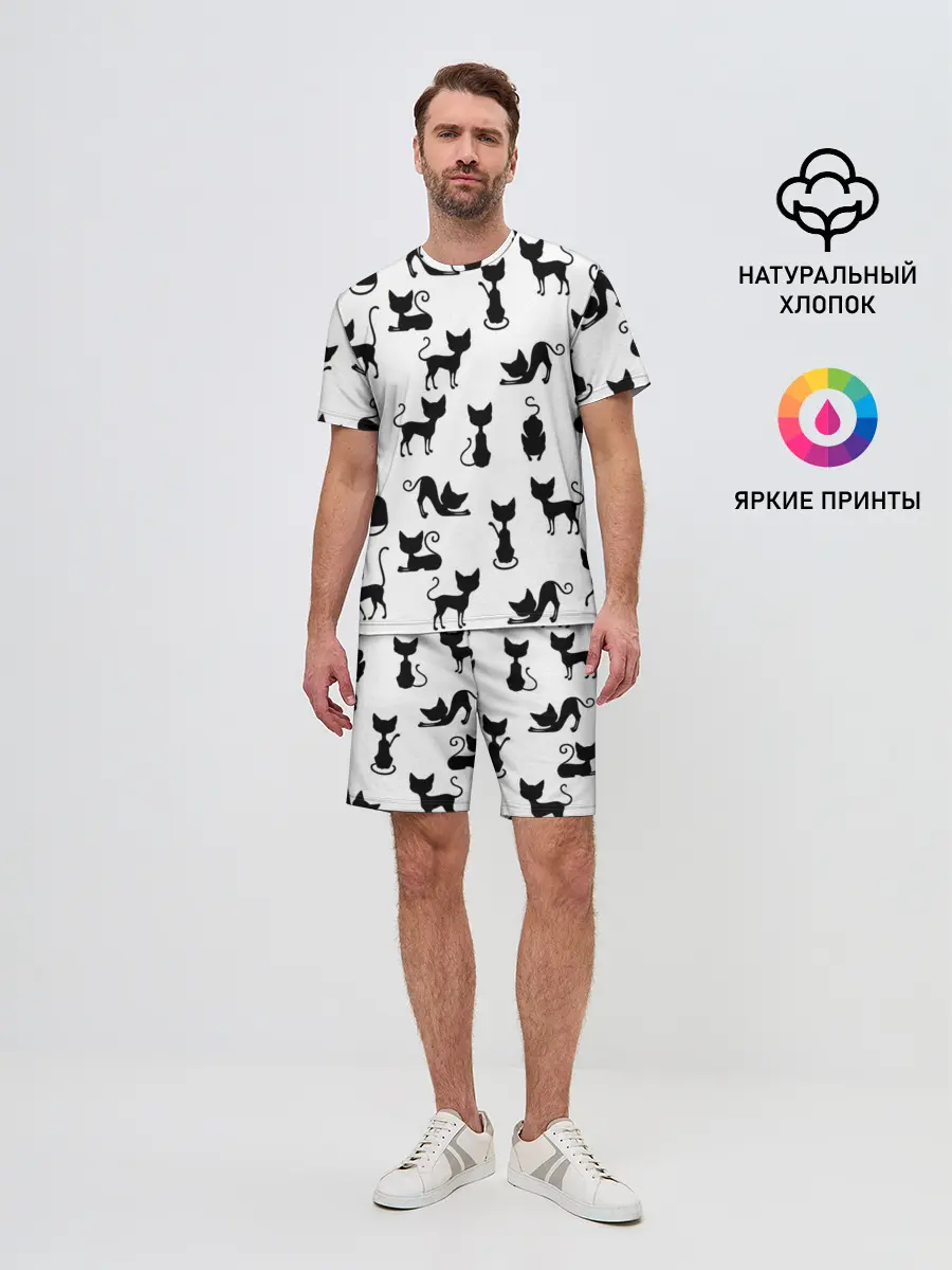 Мужской костюм с шортами / КОШКИ БЕЛОЕ НА ЧЕРНОМ
