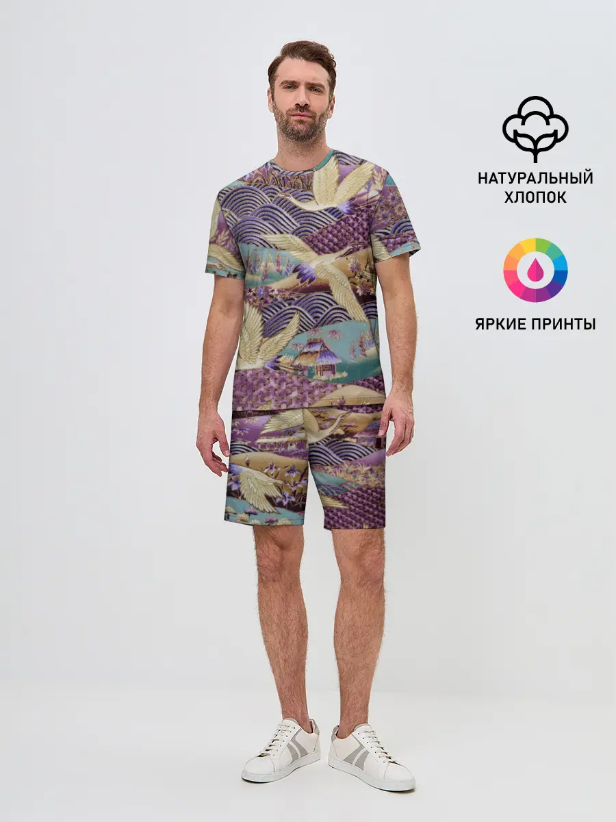 Мужской костюм с шортами / Японская вышивка с журавлями