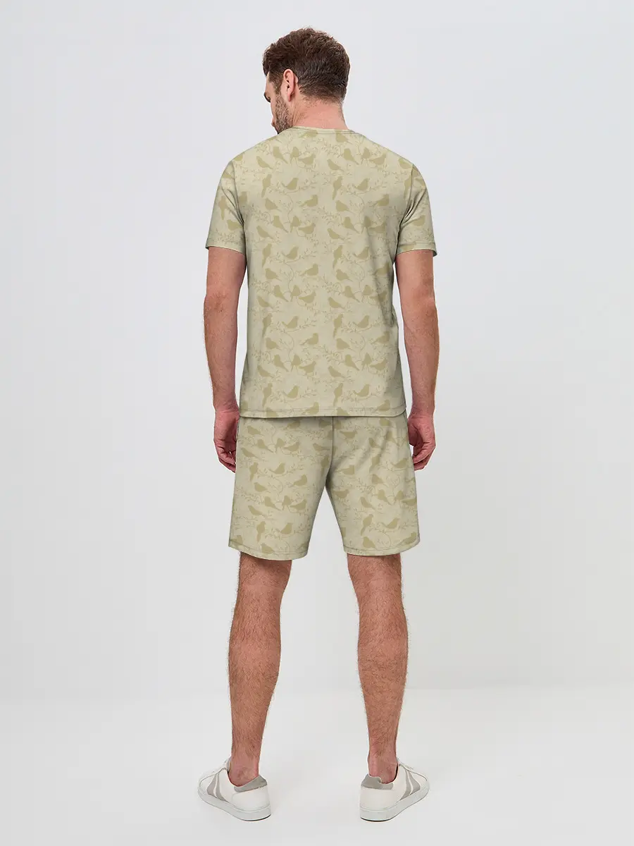 Мужской костюм с шортами / Бежевый принт силуэты птичек