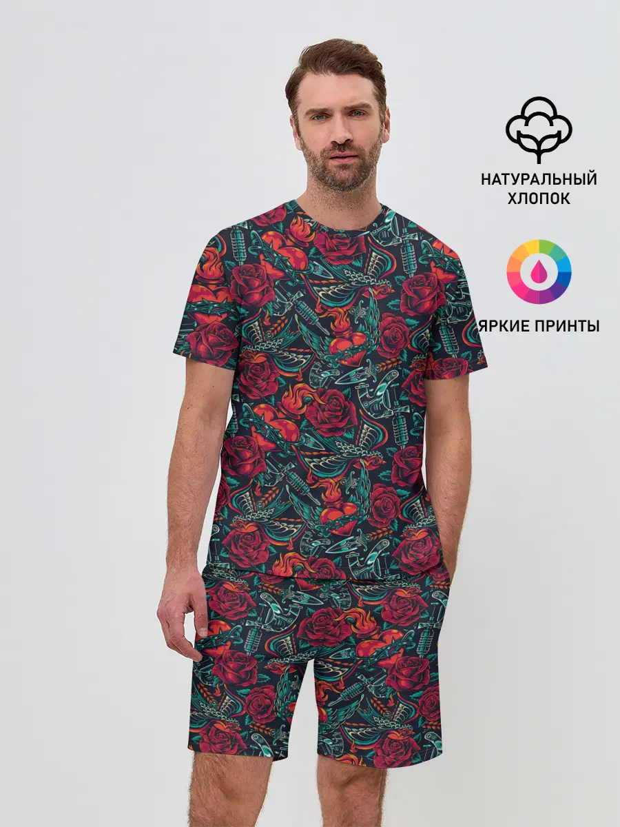 Мужской костюм с шортами / Тату узор розы и машинки