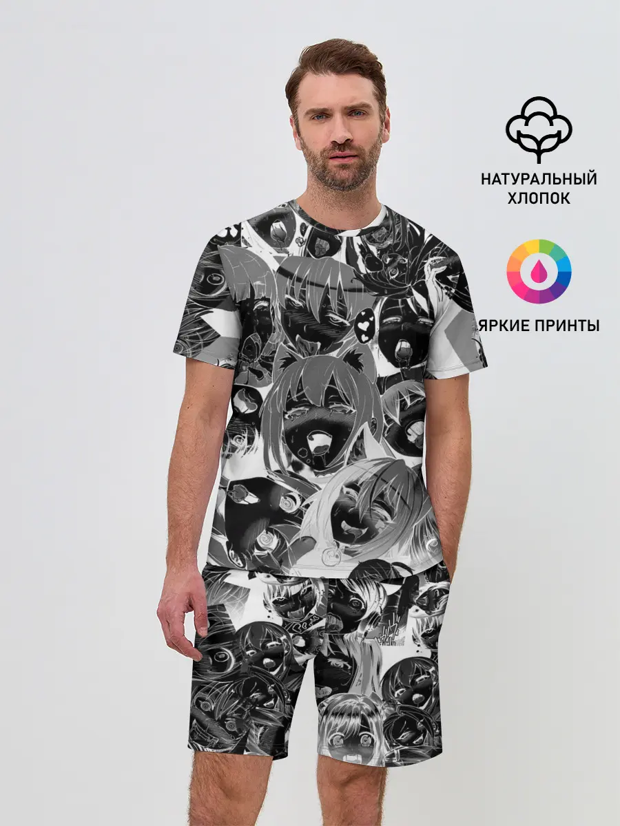 Мужской костюм с шортами / Ахегао паттерн черный