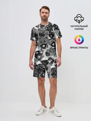 Мужской костюм с шортами / Ахегао паттерн черный
