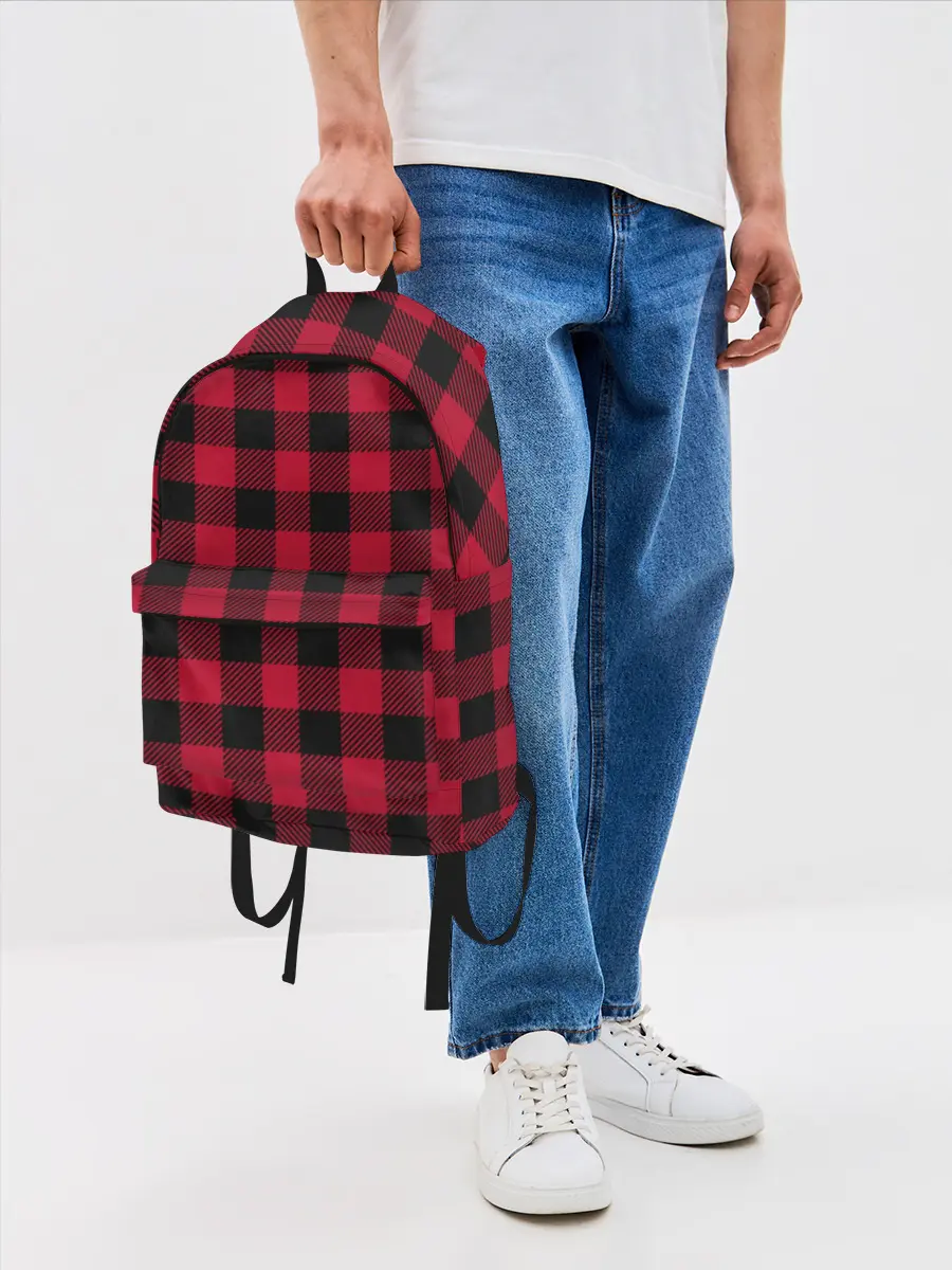 Рюкзак джинсовый / Красный паттерн крупная клетка