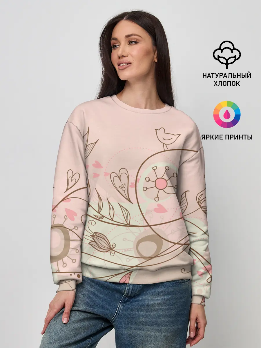 Женский свитшот / Летний узор цветы птичка