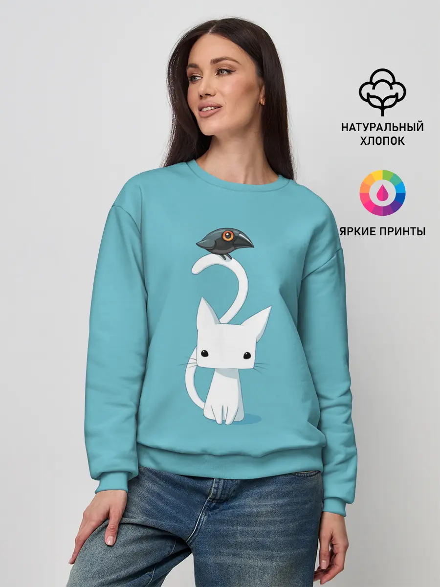 Женский свитшот / Белый котик и воробушек