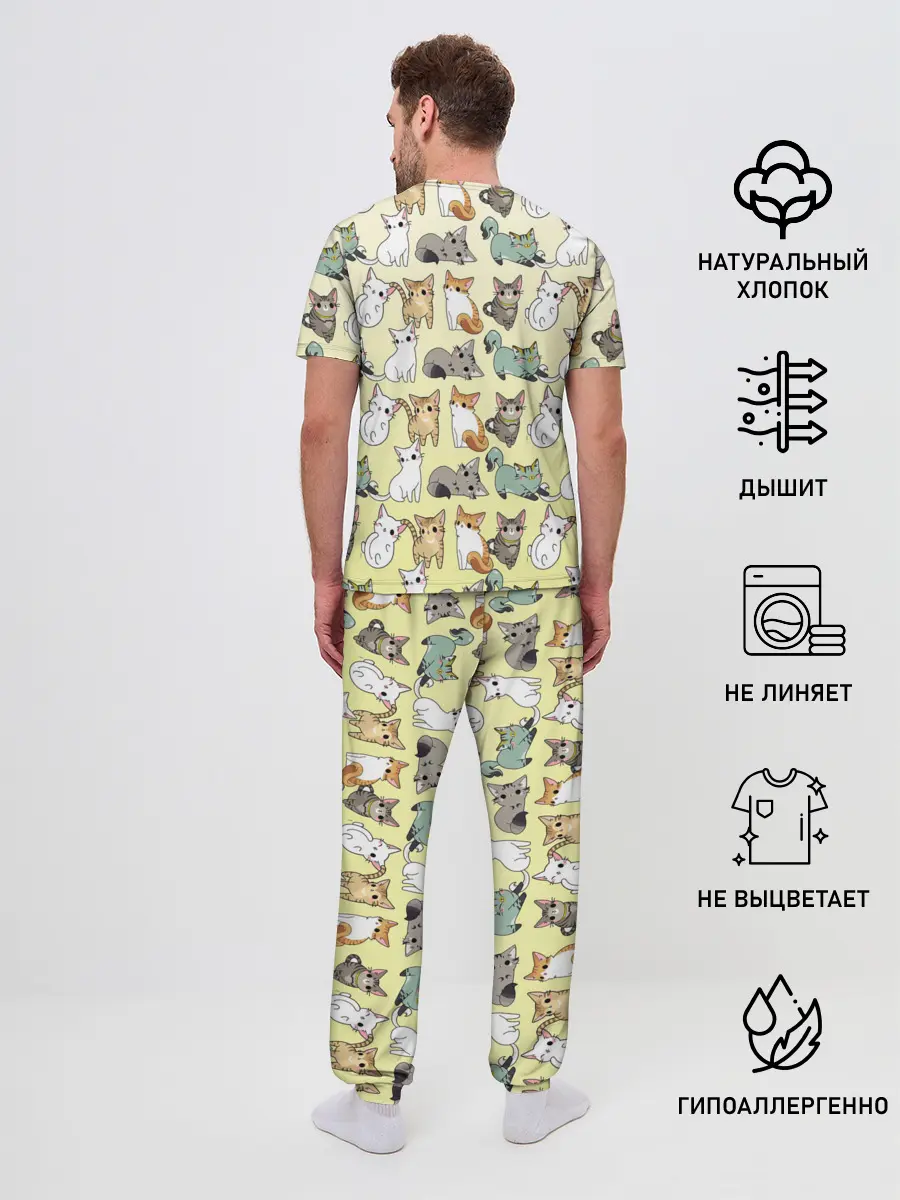 Мужская пижама с брюками / мультяшные котики на желтом мя